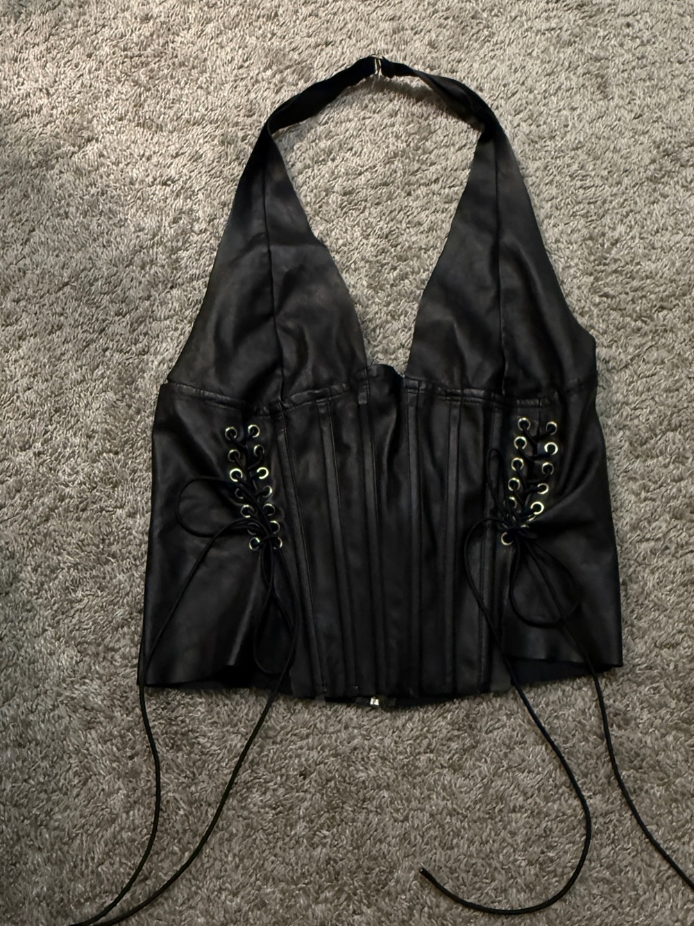 Fashion Nova Black Faux Leather Halter Corset Top with Lace-Up Sides